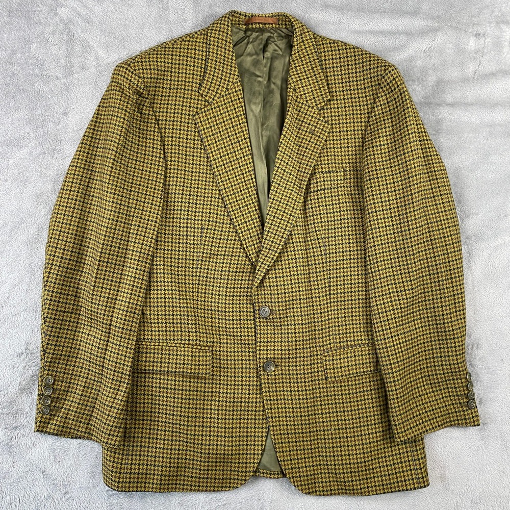 Vintage Woolmark Blazer Mens L Wool Yellow Black Houndstooth Sport Coat France